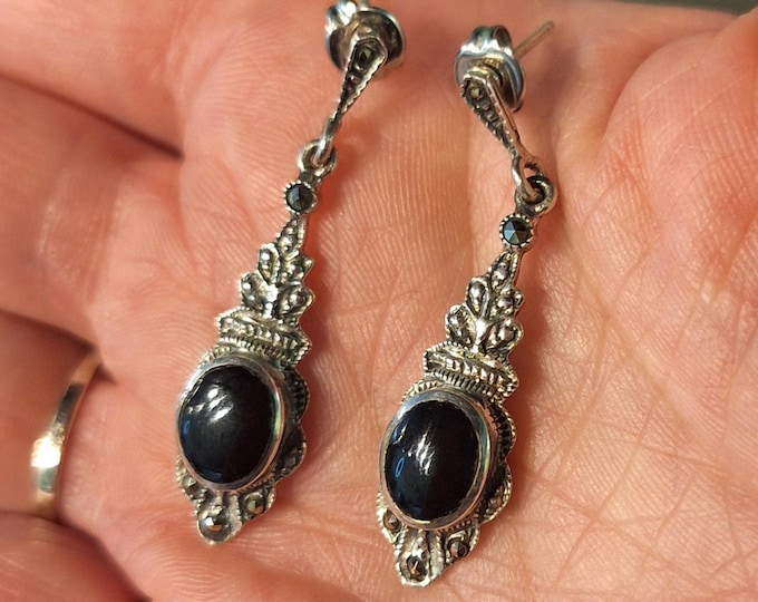 Sterling Silver Edwardian Style Black Enamel and Marcasite Drop Earrings