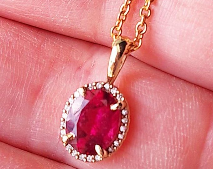 Vivid Natural Rubellite and Diamond Gold Pendant