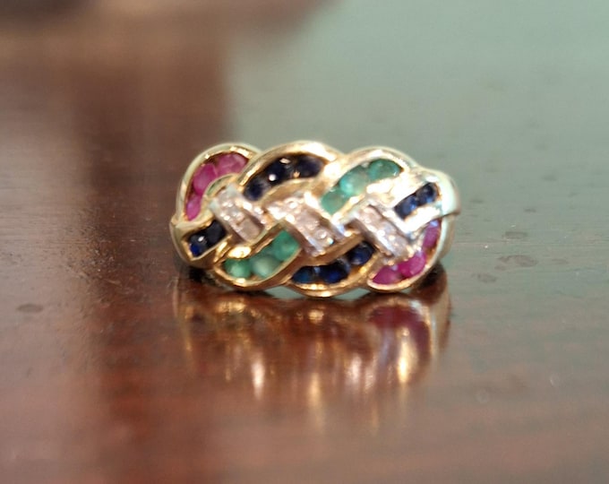 Gold Sapphire Ruby Emerald Diamond Bypass Band