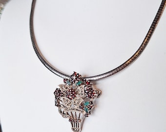 Vintage Sterling Silver Floral Bouquet Pendant Brooch with Garnet, Chalcedony and Marcasite