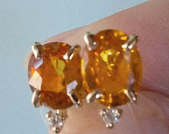 14K Yellow Gold Oval Citrine and Diamond Stud Earrings