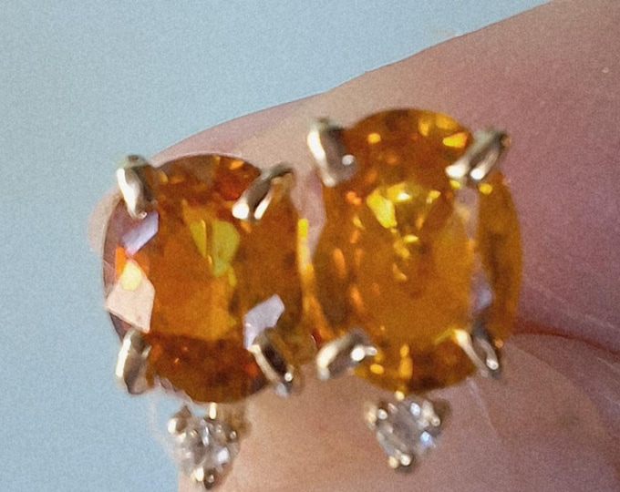 14K Yellow Gold Oval Citrine and Diamond Stud Earrings