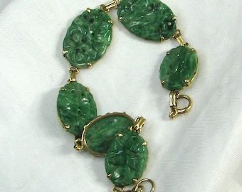 14KY Carved Jadeite Jade Link Bracelet