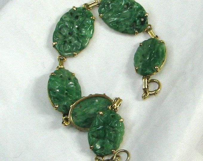 14KY Carved Jadeite Jade Link Bracelet