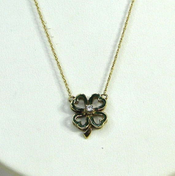 14K Enameled Four Leaf Clover Diamond Pendant - image 1