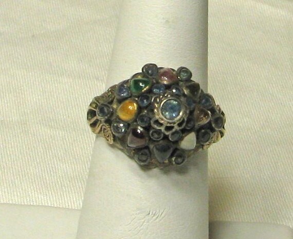 Vintage Gold Silver Topped Bejeweled Tourist Ring - image 7