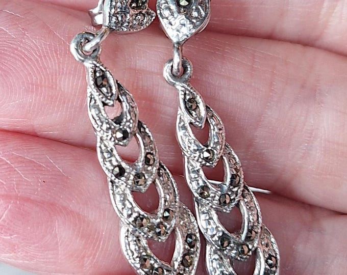 Sterling Silver Art Deco Style Dangle Earrings with Marcasite
