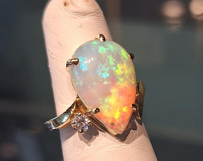 14K Yellow Gold Large Pear Shaped Natural Opal and Diamond Ring
