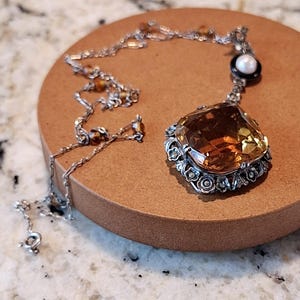 Vintage Art Deco Citrine Enamel and Pearl Silver Necklace