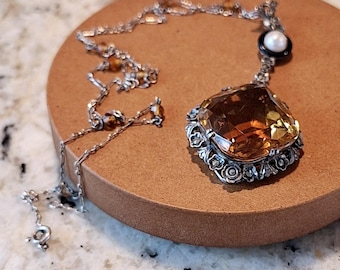 Vintage Art Deco Citrine Enamel and Pearl Silver Necklace