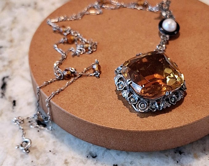 Vintage Art Deco Citrine Enamel and Pearl Silver Necklace