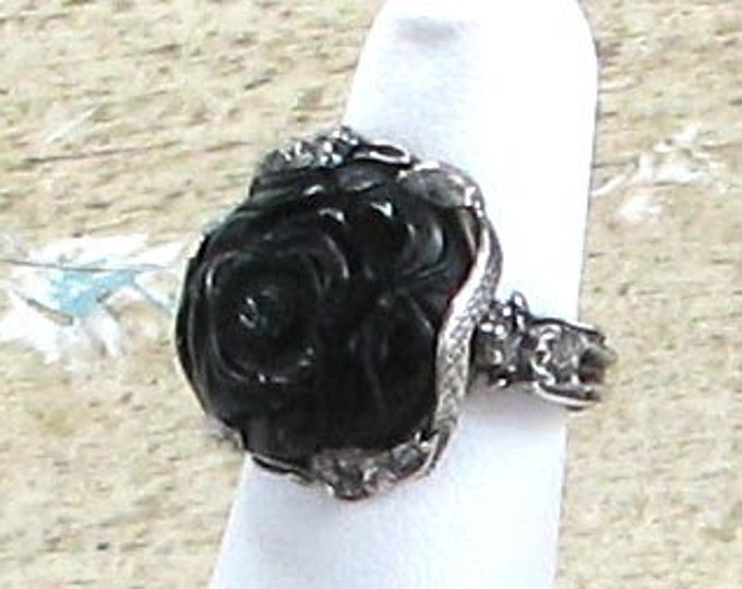 Black Onyx Flower in Sterling Ring