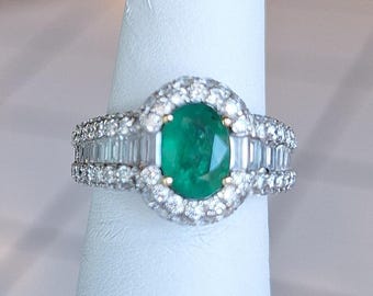 Impressive 14K White Gold Natural Emerald and Diamond Ring