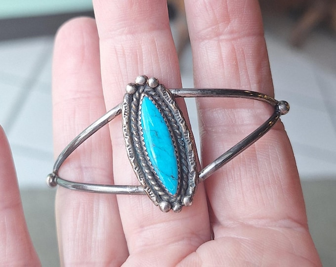 Sterling Silver Native American Navette Shaped Turquoise Cuff Bracelet