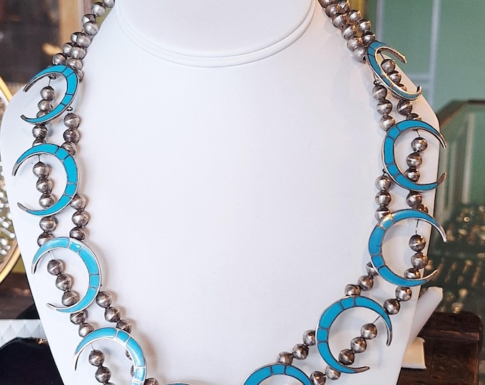 Unique Sterling Crescent Moon Turquoise Squash Blossom Necklace