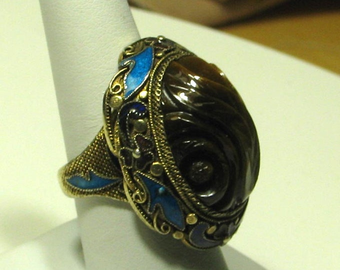 Exotic Vermeil Enamel Carved Tiger Eye Statement Ring