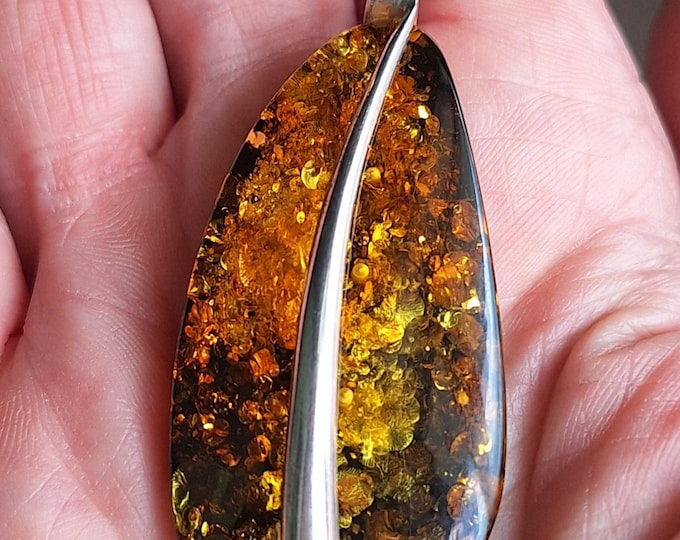 Large Modernist Sterling Silver Amber Pendant