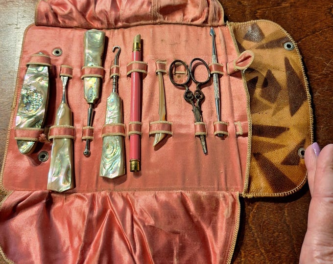 Vintage Mother of Pearl Vanity Set with Leather Case