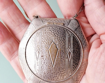 Vintage Art Deco Silver Tone Powder Compact on Chain