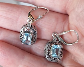 Lovely Filigree Blue Topaz Dangle Earrings
