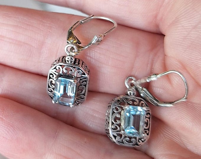 Lovely Filigree Blue Topaz Dangle Earrings