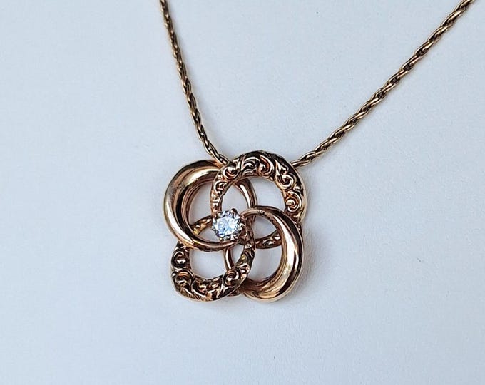 Vintage Victorian 14K Yellow Gold Love Knot with Diamond Pendant