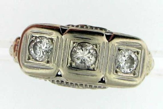 Vintage Art Deco Three Stone Fillligree White Gol… - image 1