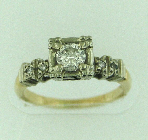 Vintage 40s Yellow and White Gold Diamond Engagem… - image 1