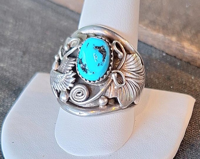 Native American Sterling Silver Turquoise Ornate Ring