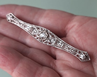 14K White Gold Edwardian Filigree Brooch Pin with Approx. 0.42 Ct Center Diamond