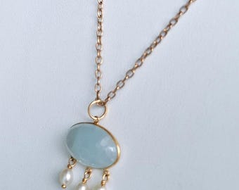 14K Yellow Gold Natural Oval Cabochon Aquamarine and Pearl
