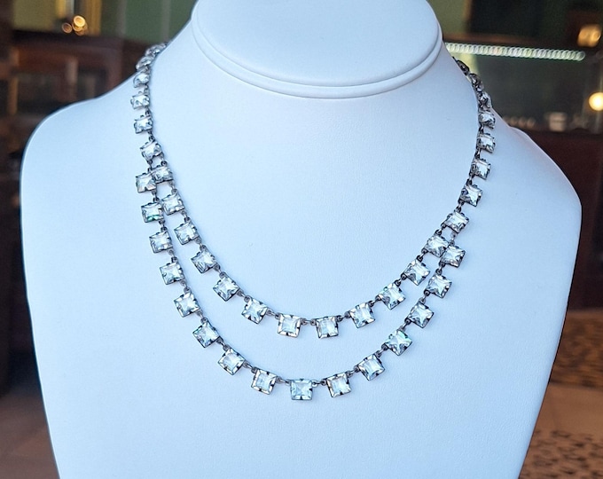 Sterling Silver Art Deco Swag Square Cut Glass Necklace