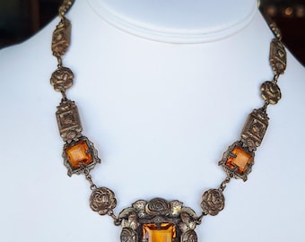 Vintage Art Deco Czech Citrine Colored Glass Brass Costume Necklace