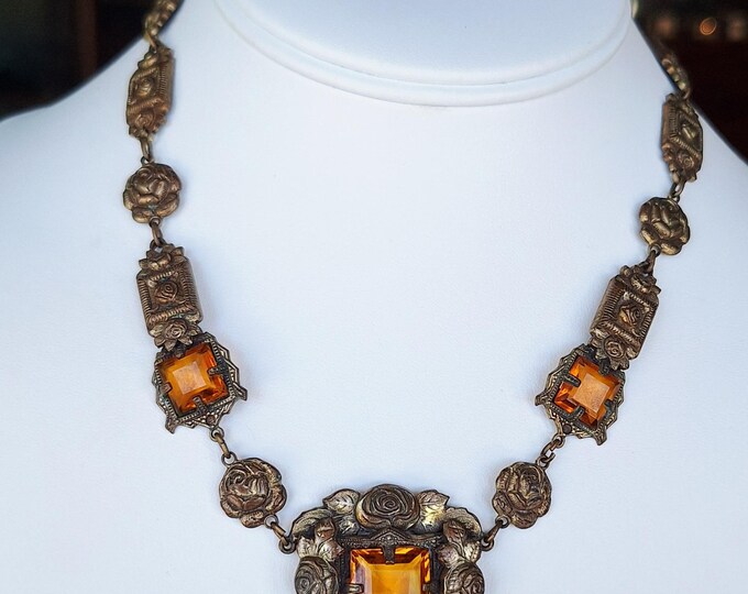 Vintage Art Deco Czech Citrine Colored Glass Brass Costume Necklace