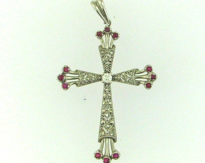 Ornate 18K White Gold Ruby and Diamond Cross
