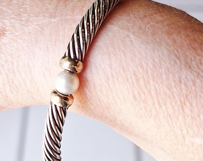 Sterling Silver Yurman Style Cultured Pearl Bracelet