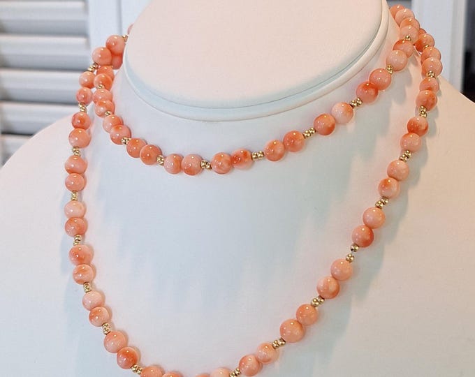 Vintage Mid Century Mottled Angelskin coral Necklace with Gold Spacers