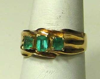 Vintage Yellow Gold Three Emerald Ring