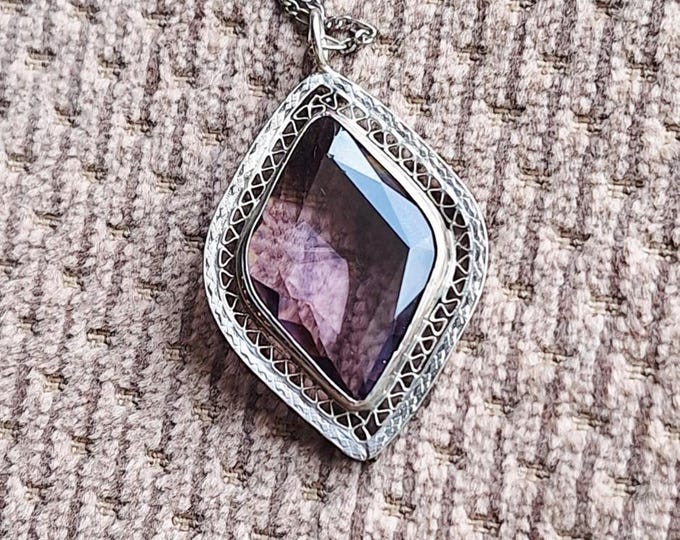 Vintage Art Deco Sterling Silver Purple Glass Pendant