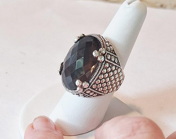 Large Sterling Silver Oval Checkerboard Smoky Quartz Ring