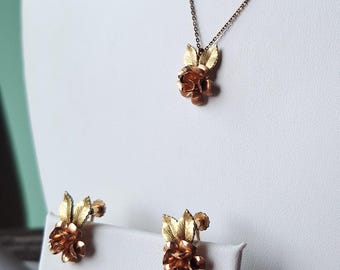 Vintage Gold Filled Krementz Rose Pendant and Earring Set