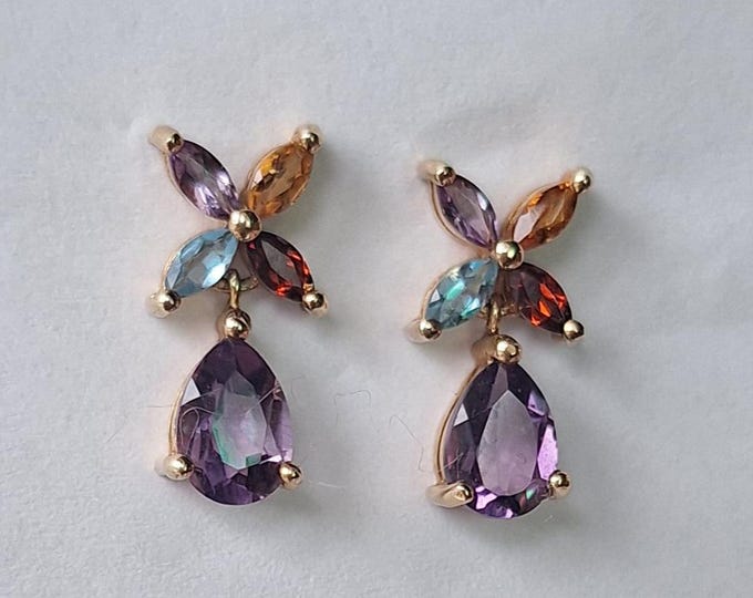 14K Yellow Gold Colorful Multi-gemstone Dangle Earrings