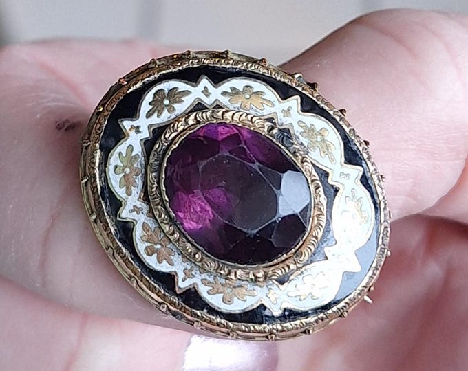 Vintage Victorian Gold Filled Amethyst Colored Glass Enameled Brooch