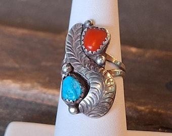 Sterling Silver Native American Coral and Turquoise Ring