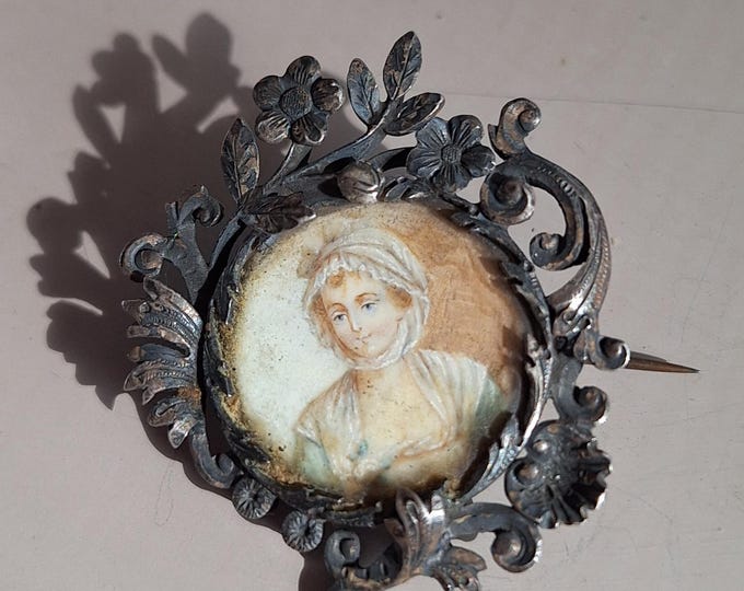 Vintage Victorian Silver Rococo Revival Reverse Painted Brooch
