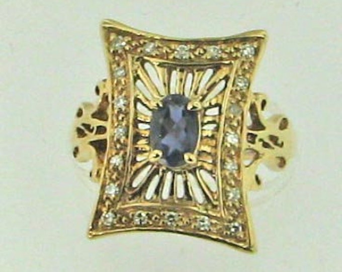14K Yellow Gold Filigree Iolite and Diamond Ring