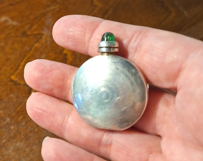 Vintage Art Deco Sterling Silver Round Perfume Bottle with Green Glass top