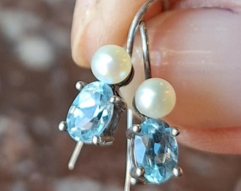 Sterling Silver Blue Topaz and Pearl Dangle Earrings