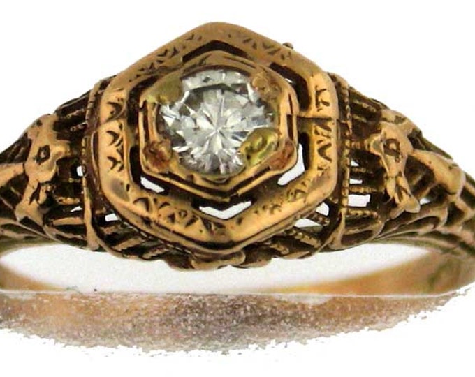 Handmade Art Deco Style Yellow Gold Filigree Diamond Engagement Ring