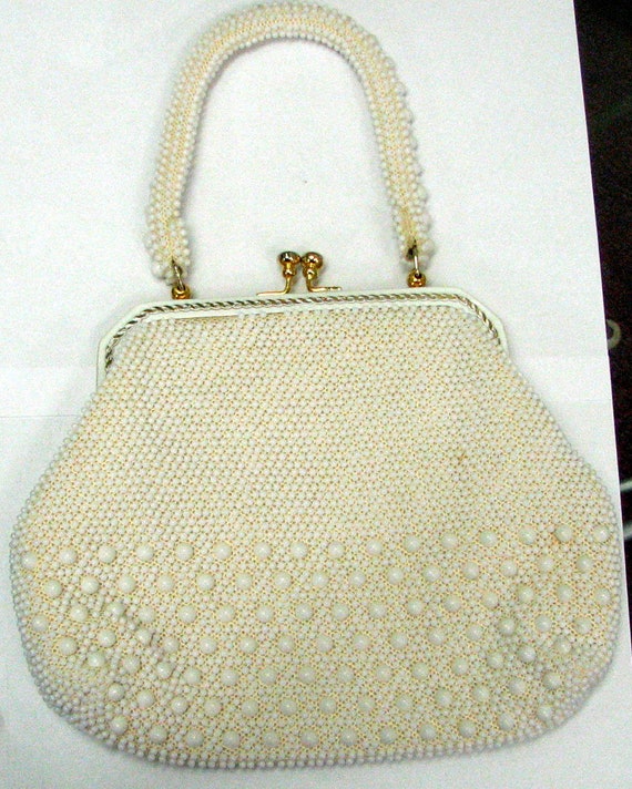 MILKY WHITE BEADED Vintage Retro Purse - image 1